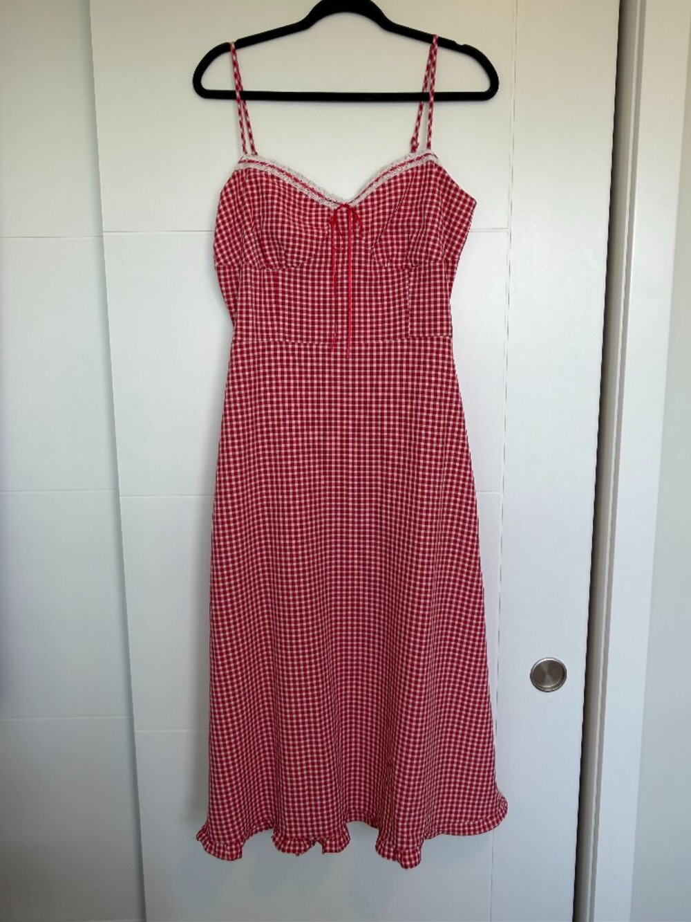 Red & White Gingham Linen Midi Prairie Dress